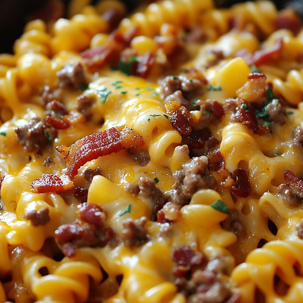 Bacon Cheeseburger Pasta dish topped with bacon and cheese