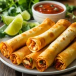 Plate of baked chicken taquitos garnished with salsa and avocado slices.