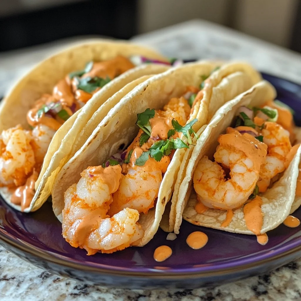 Bang Bang Shrimp Tacos topped with fresh ingredients and spicy sauce