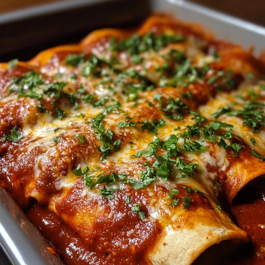 Plate of beef enchiladas topped with red sauce and garnished with cilantro
