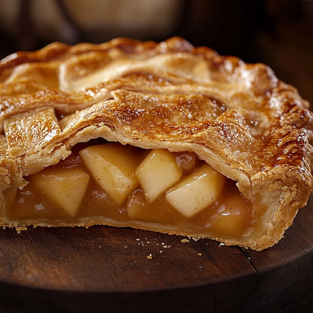 Delicious slice of homemade apple pie with a golden crust and fresh apples