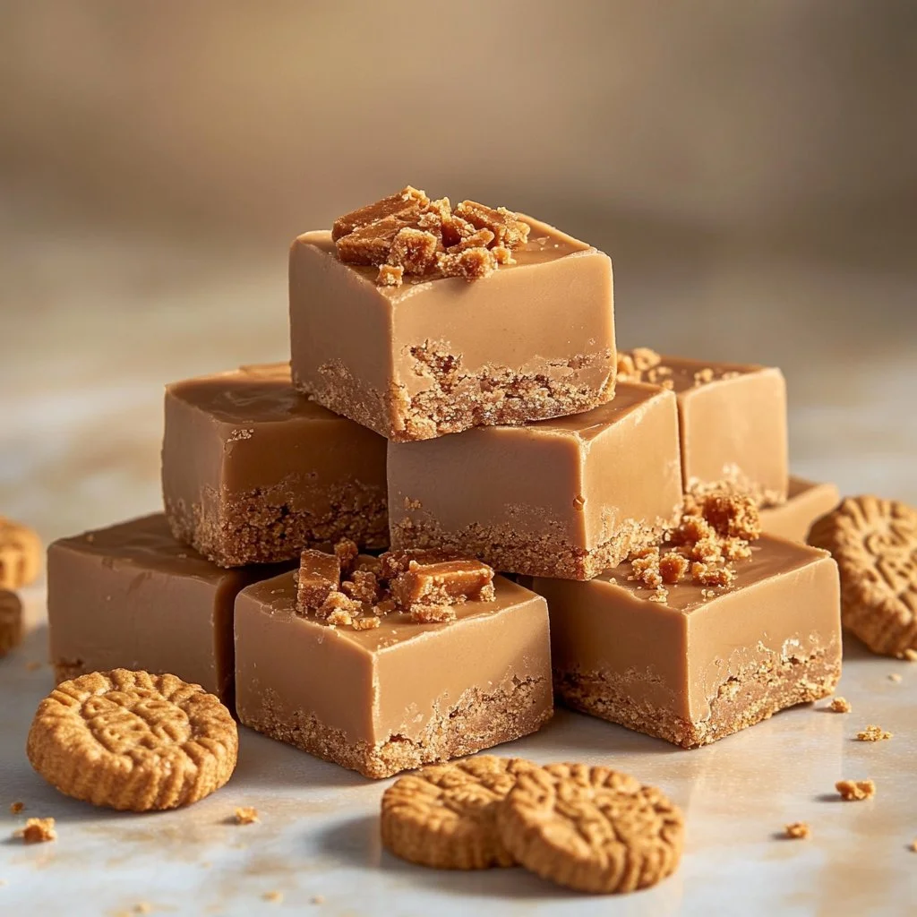 Delicious homemade Biscoff fudge in a decorative dish