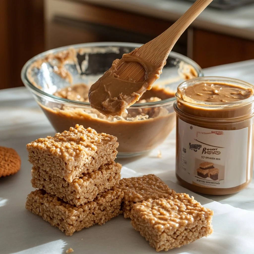 Delicious Biscoff Rice Krispie Treats topped with melted Biscoff spread