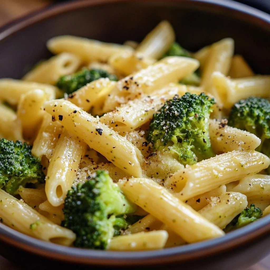 Creamy broccoli cheese pasta dish garnished with fresh herbs.