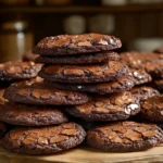 Delicious brownie cookies stacked on a plate, showcasing their rich chocolate texture.