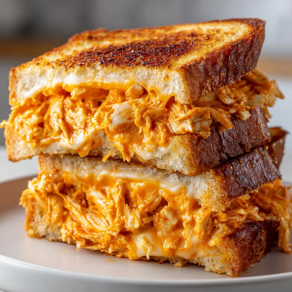 Buffalo Chicken Grilled Cheese sandwich with melted cheese and spicy chicken