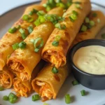 Plate of crispy Buffalo Chicken Taquitos served with dipping sauce.