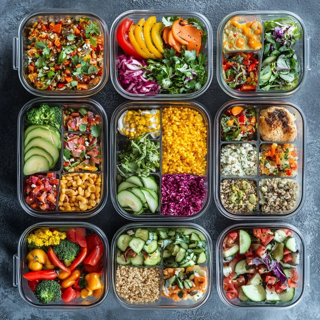 Customized box lunch meal prep bowls with fresh ingredients and balanced nutrition