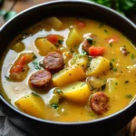Bowl of delicious Cajun Potato Soup with herbs and spices