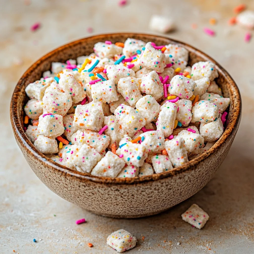 Colorful Cake Batter Puppy Chow mix with cereal and chocolate