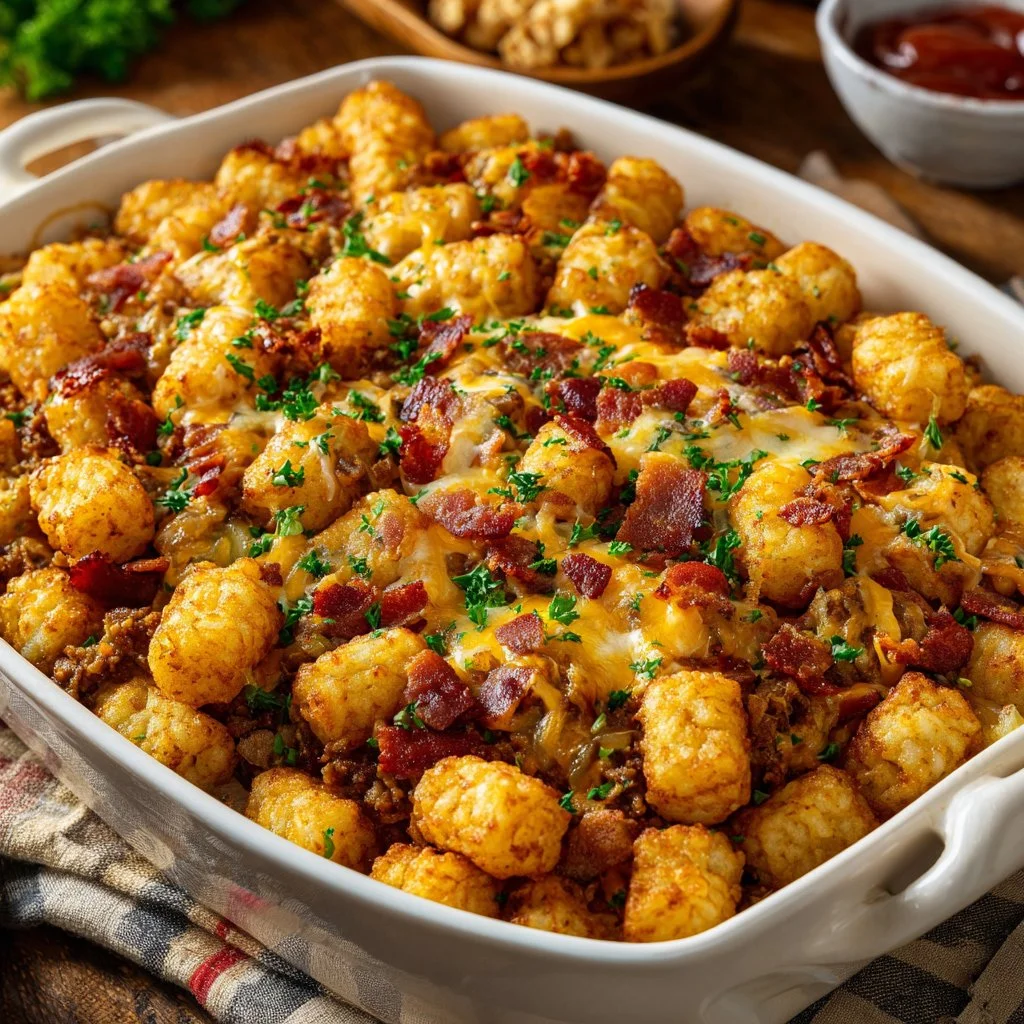 Cheeseburger Tater Tot Casserole topped with golden tater tots and melted cheese