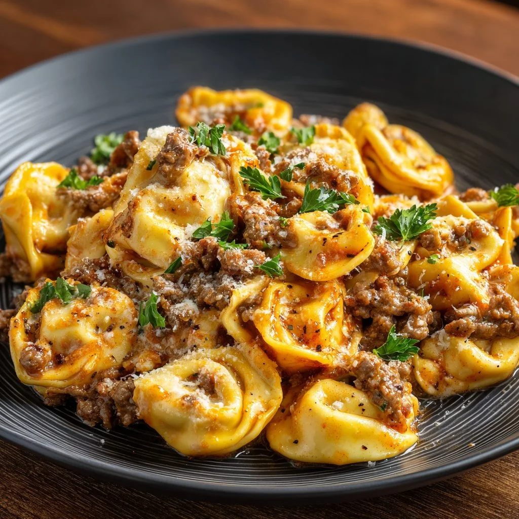 Creamy cheesesteak tortellini served in a rich provolone sauce.