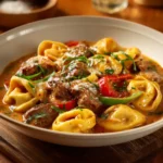Cheesesteak Tortellini served in a rich provolone cheese sauce