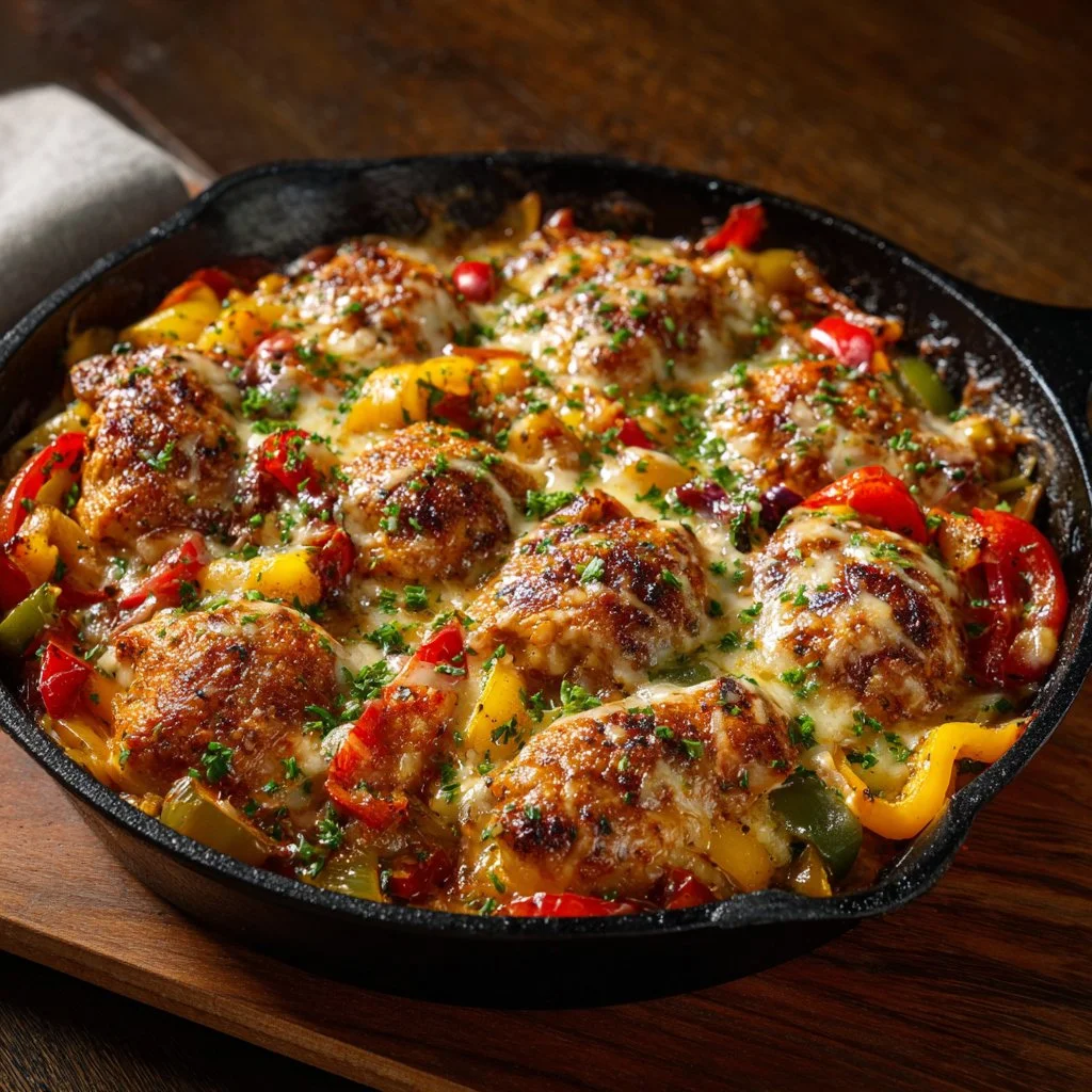 Cheesy Baja Chicken & Bell Pepper Skillet ready to serve