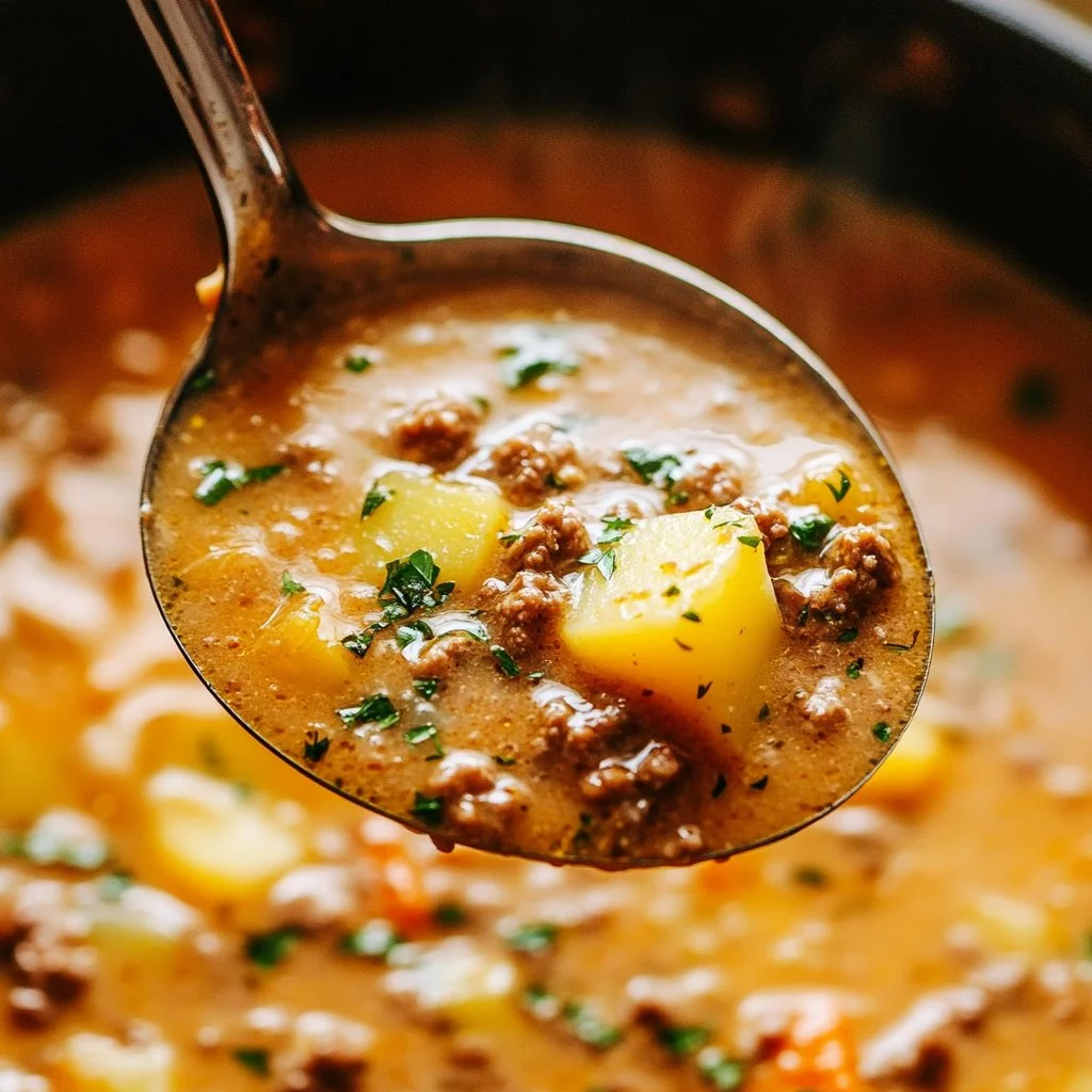 Bowl of cheesy beef and potato soup garnished with herbs