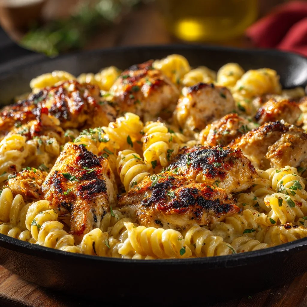 Cheesy Cajun Garlic Chicken Rotini Skillet garnished with parsley