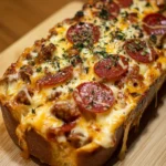 Delicious cheesy garbage bread filled with melted cheese and toppings.