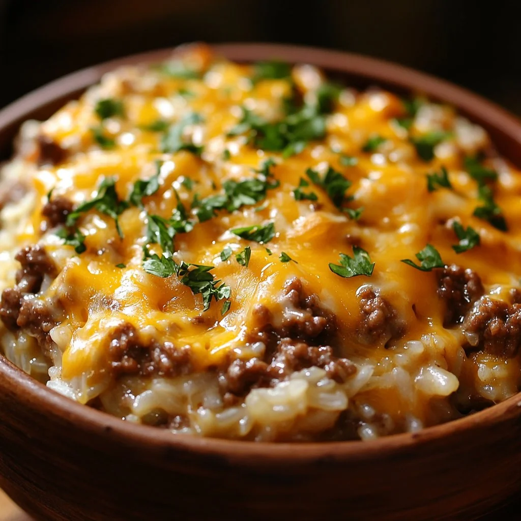Cheesy hamburger rice casserole served in a dish with fresh herbs