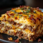Delicious cheesy meatloaf casserole topped with melted cheese and herbs.
