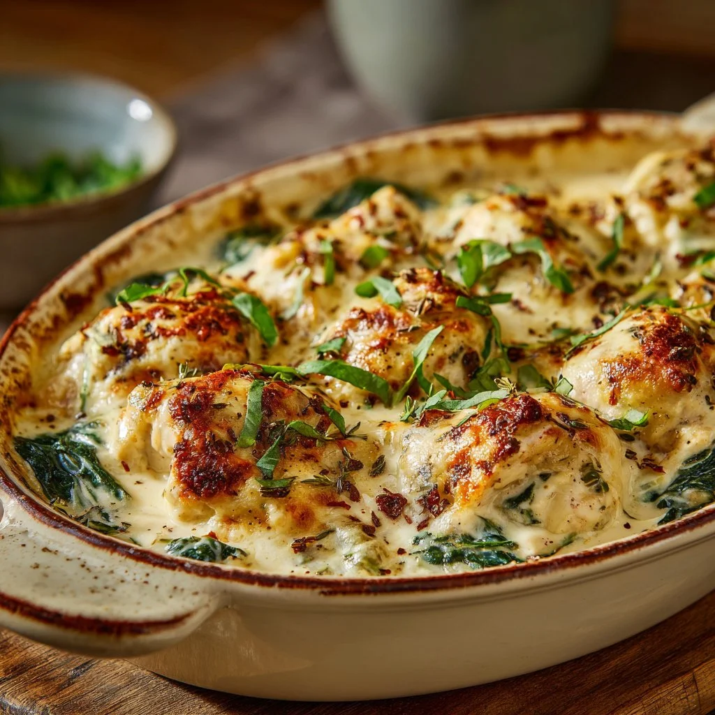 Creamy Chicken and Spinach Casserole with Cream Cheese baked to perfection.