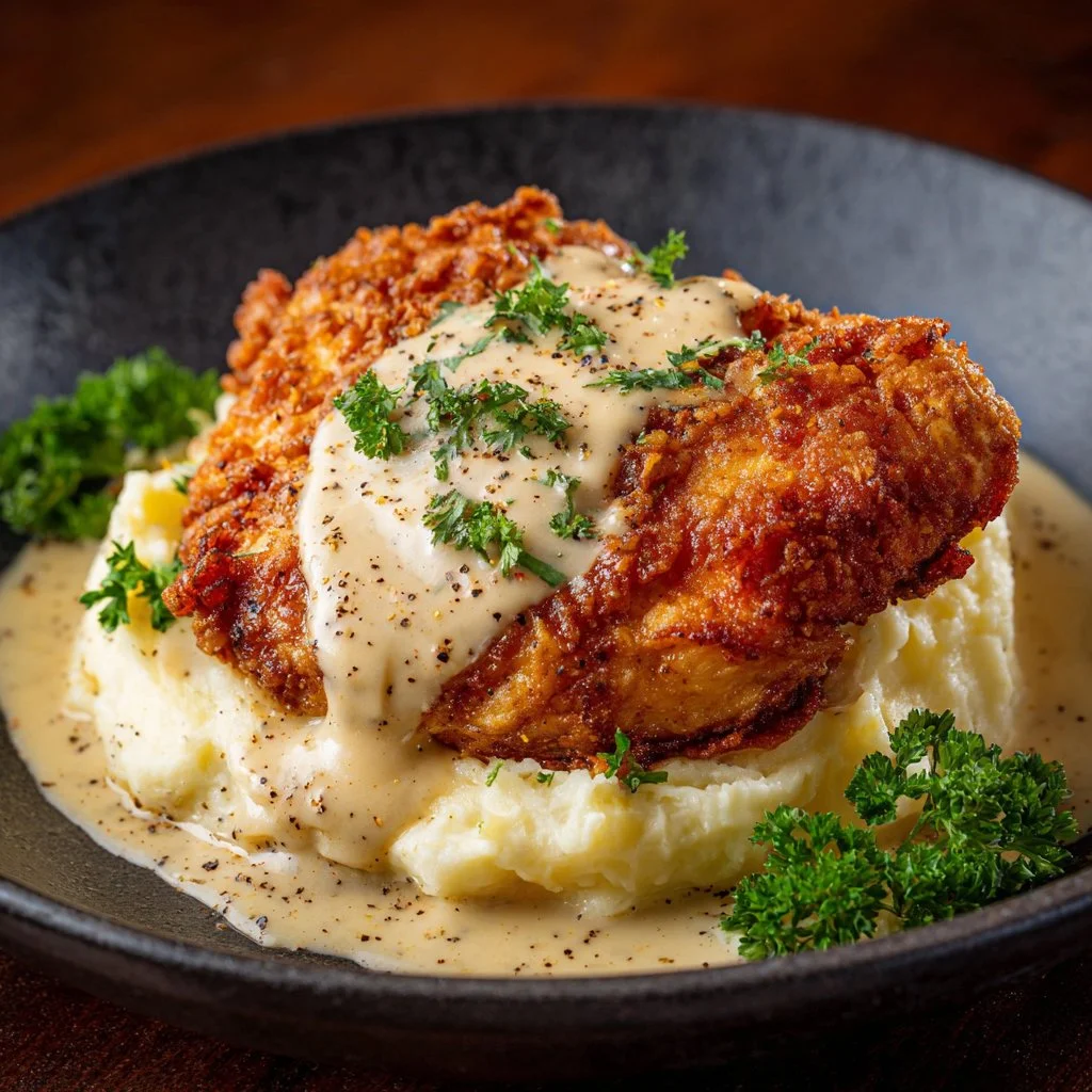 Plate of crispy chicken fried chicken with sides