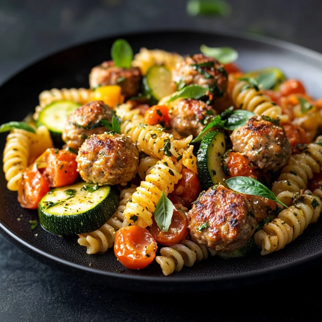 Chicken sausages with zucchini, tomatoes, and pasta dish served on a plate