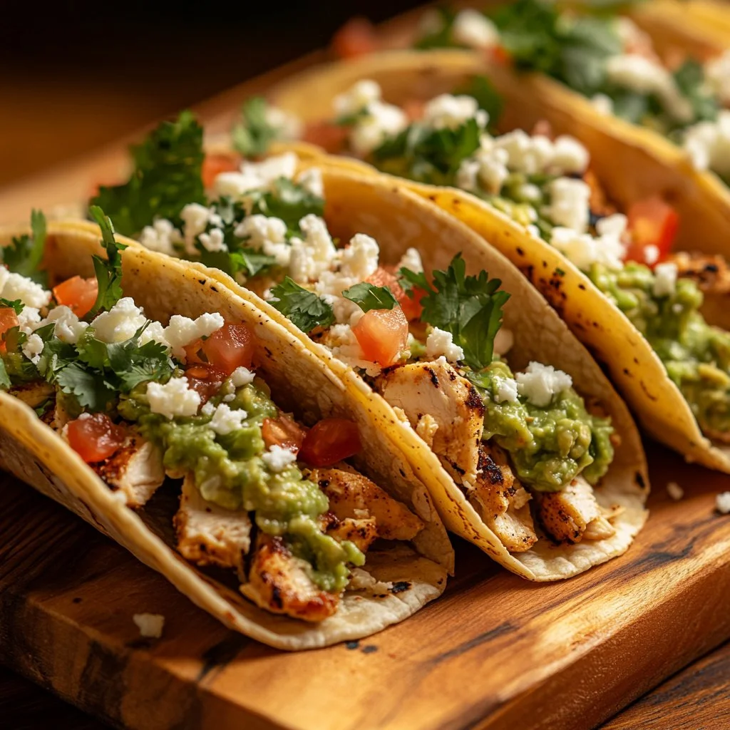 Delicious Chicken Street Tacos served on a rustic wooden table.