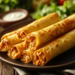 Plate of crispy Chicken Taquitos served with salsa and guacamole
