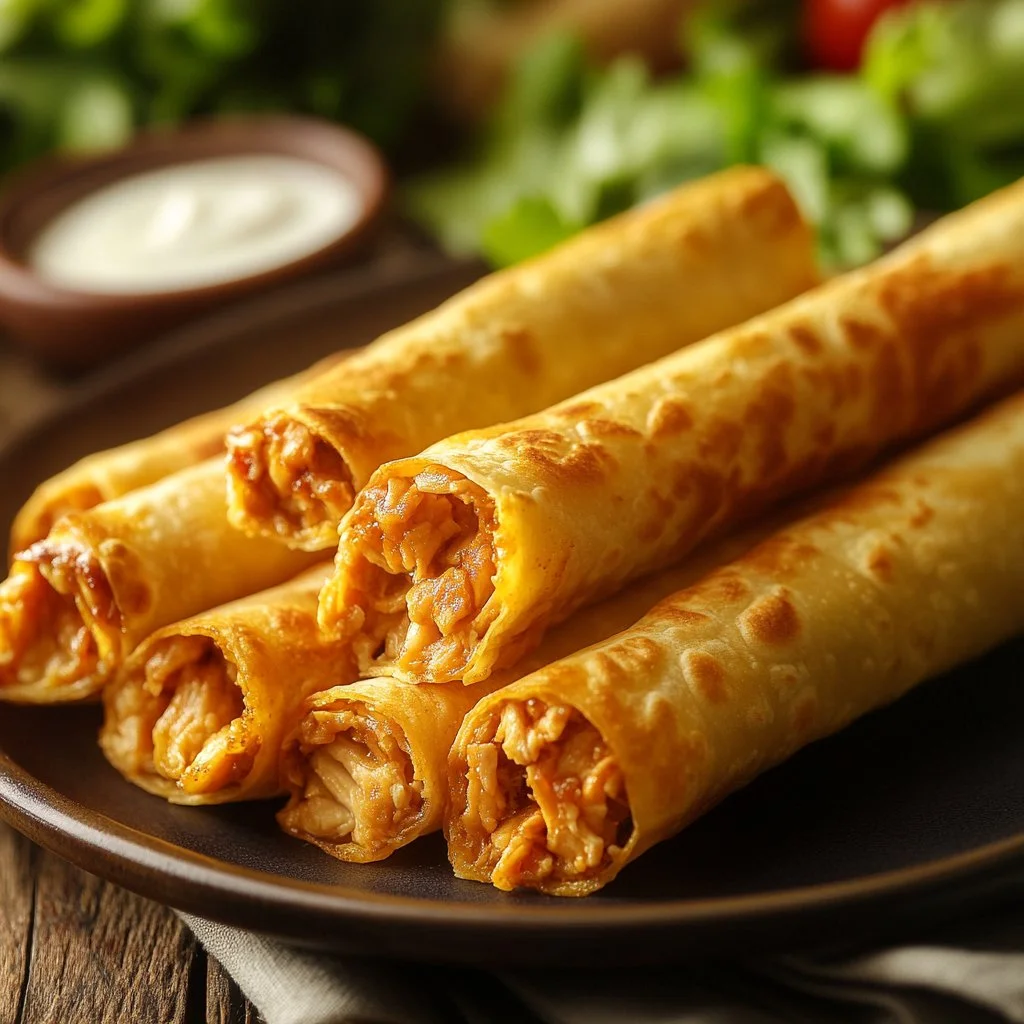 Plate of crispy Chicken Taquitos served with salsa and guacamole