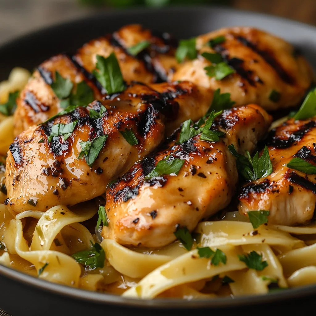 Plate of chicken with buttered noodles garnished with herbs