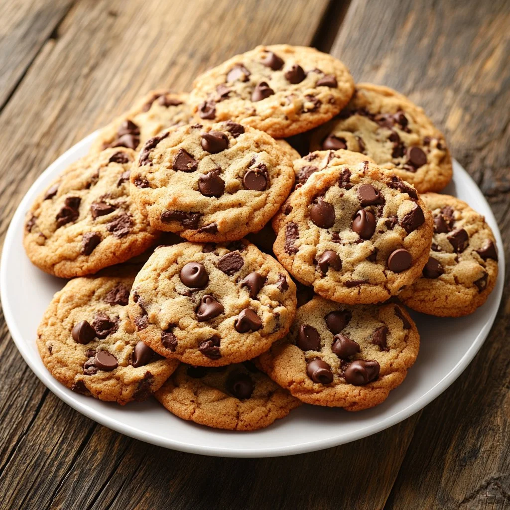 Freshly baked chocolate chip cookies on a cooling rack.