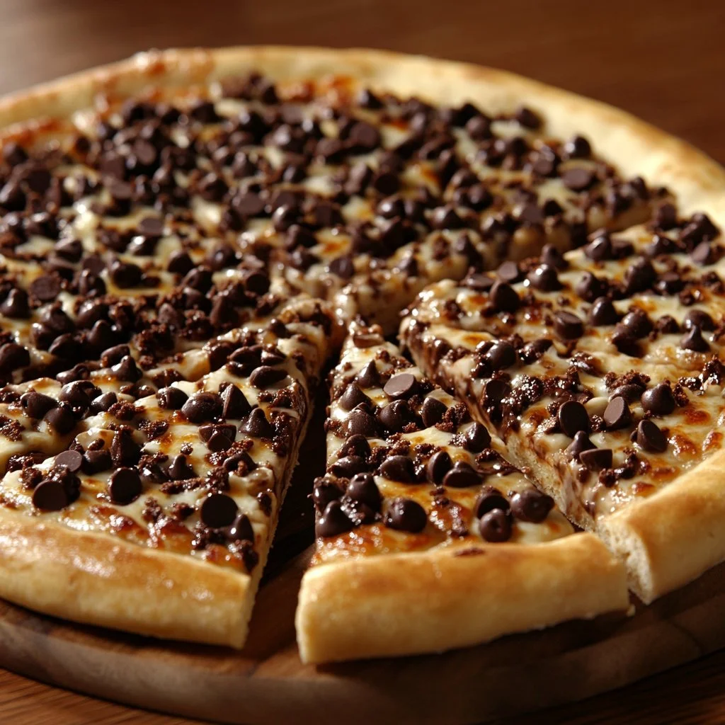 Delicious chocolate chip dessert pizza served fresh with melted chocolate