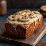 Freshly baked cinnamon roll banana bread topped with creamy icing