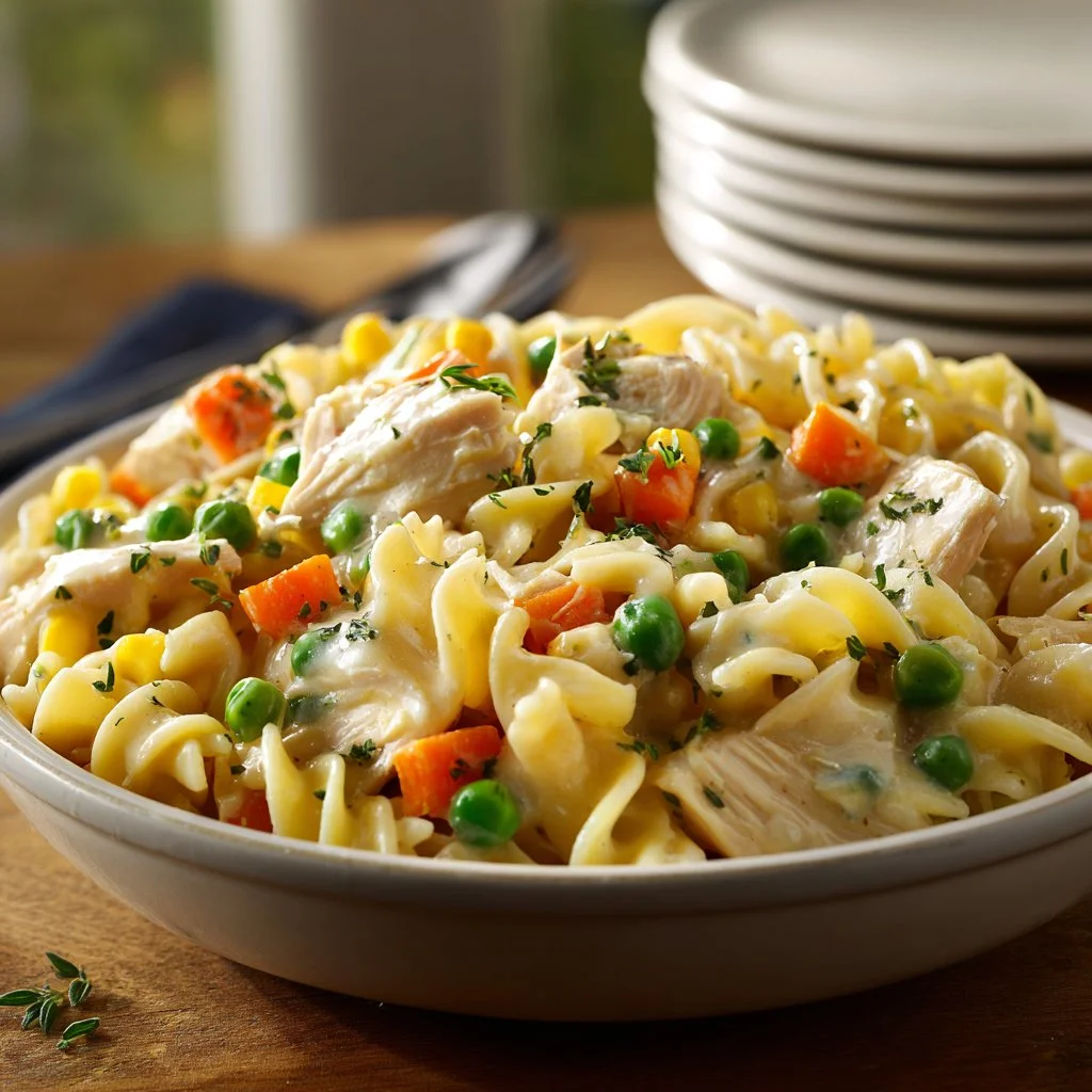Classic chicken pot pie pasta served in a bowl with herbs on top