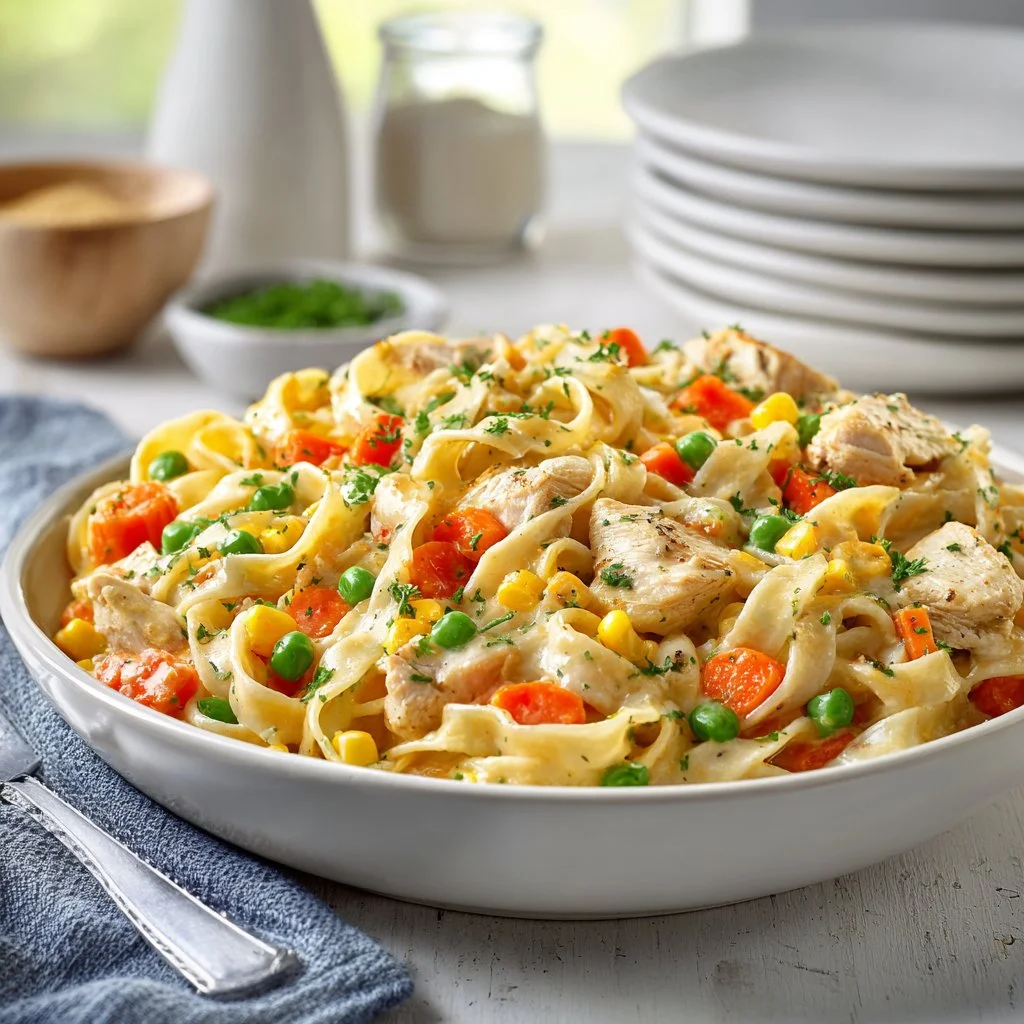 Delicious classic chicken pot pie pasta served in a bowl