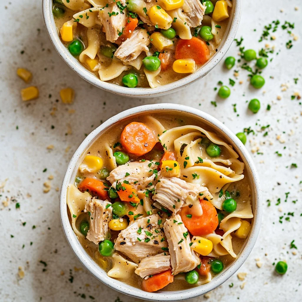 Delicious Classic Chicken Pot Pie Pasta served in a creamy sauce