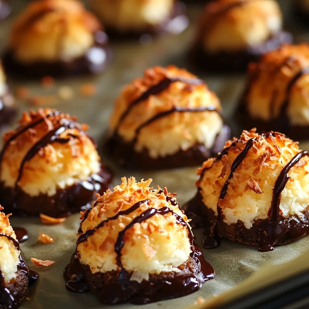 Delicious coconut macaroons made with condensed milk, drizzled with chocolate.