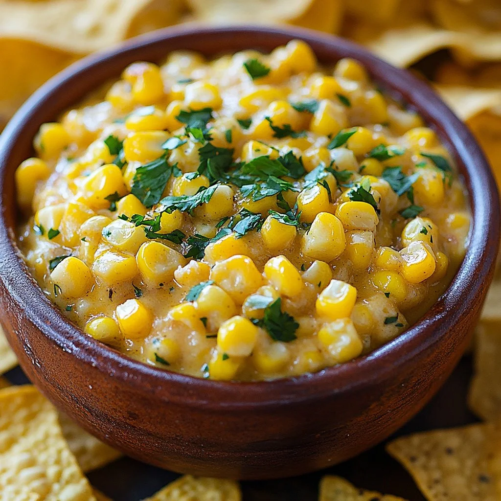 Creamy and savory corn dip served in a bowl with tortilla chips