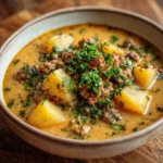 Cozy Italian sausage and potato soup in a bowl garnished with herbs.
