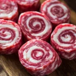 Cream cheese salami roll ups appetizer on a plate