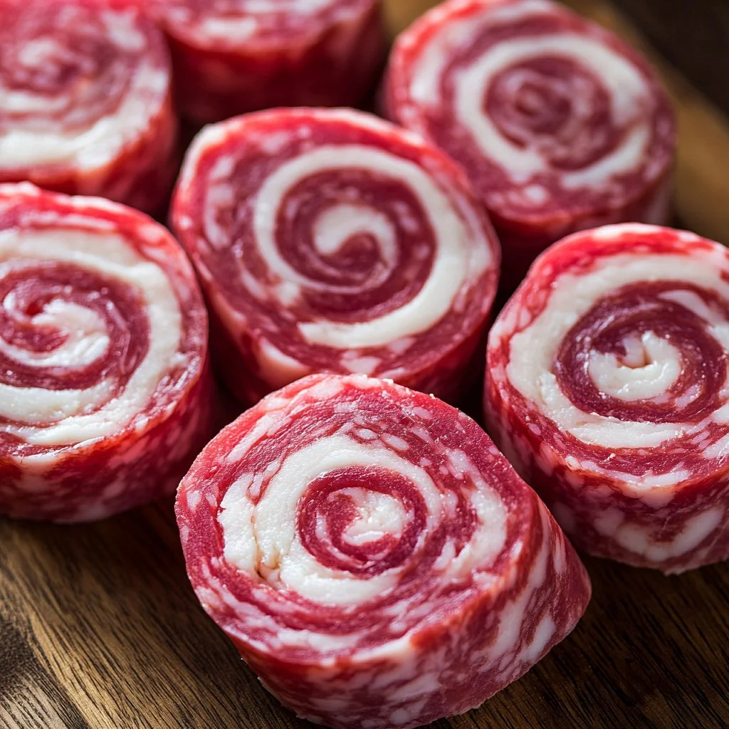 Cream cheese salami roll ups appetizer on a plate