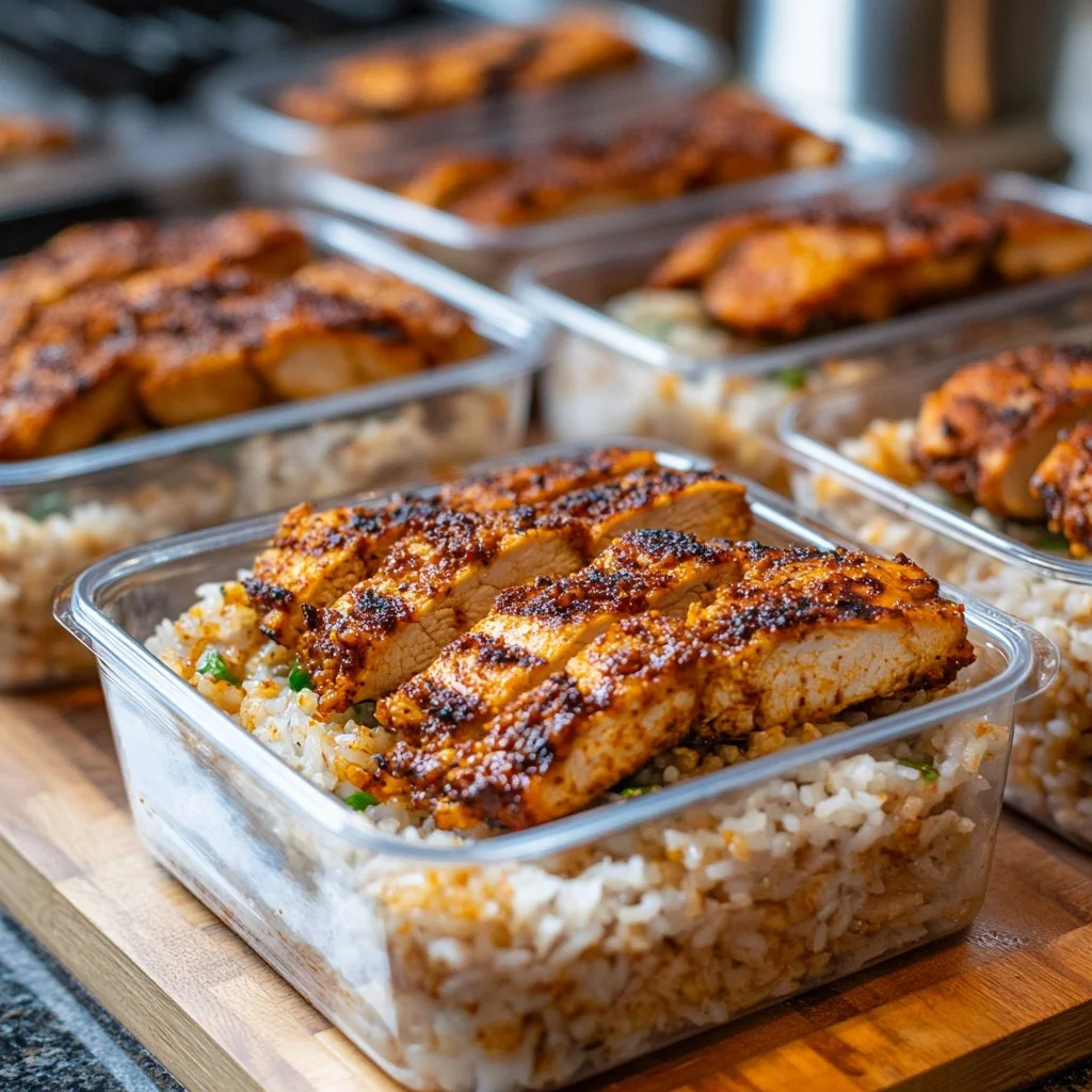 Creamy Cajun Chicken and Rice Bowls topped with fresh herbs and spices