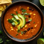 Creamy chicken enchilada soup garnished with avocado and cilantro