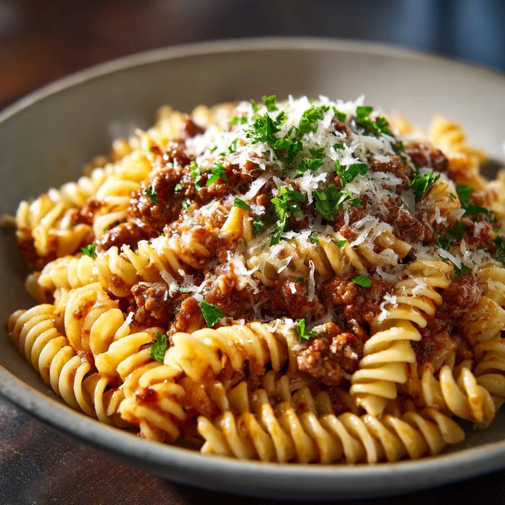 Creamy Garlic Parmesan Rotini with Ground Beef in a delicious creamy sauce