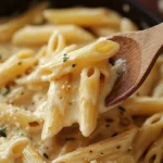 Bowl of creamy garlic pasta topped with herbs and grated cheese