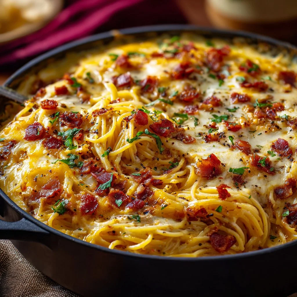 Delicious creamy Southern spaghetti bake topped with cheese and herbs