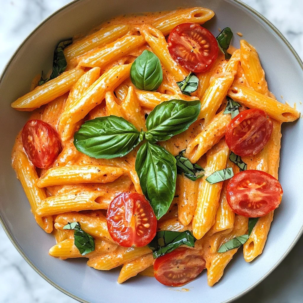 Creamy Tomato Ricotta Pasta served with fresh basil and parmesan cheese.