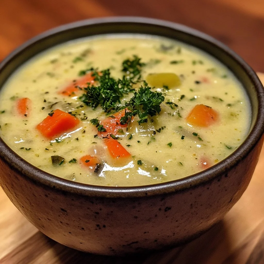 Delicious creamy vegetable soup made with fresh ingredients.