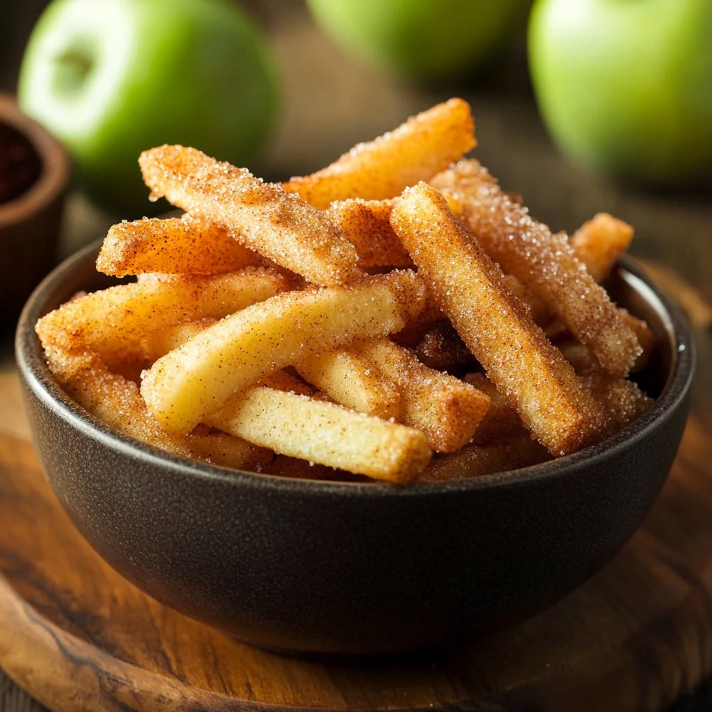 Crispy air fryer apple fries served on a white plate with a dipping sauce.