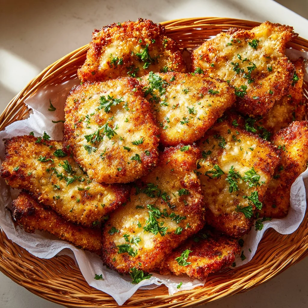 Crispy air fryer chicken parmesan topped with marinara and melted cheese